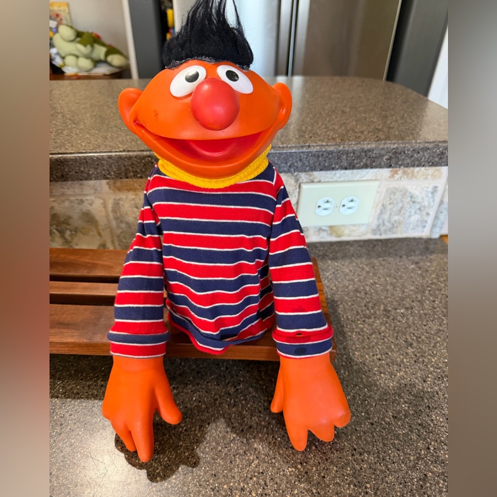 Orange Ernie-Style Puppet with Red & Blue Striped Shirt